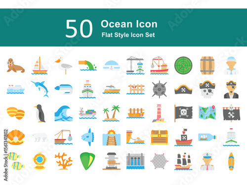 Marine Flat Icons – Sea Animals, Boats, Diving, and Nautical Elements. Ocean Illustration Set