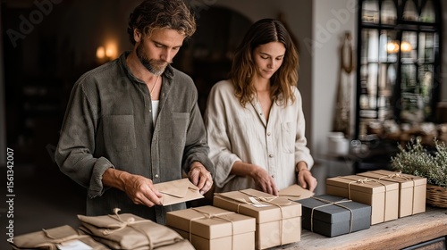 Couple packaging gifts, shop, craft, small business, background