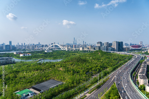 Fototapeta Shanghai Pudong Skyline and green spaces