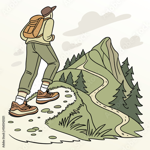 A person with a backpack is hiking up a mountain trail with trees and clouds in the background scenery view