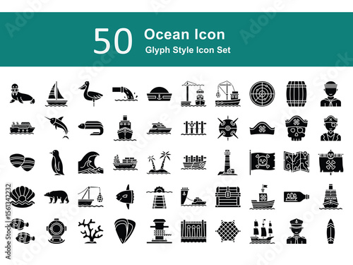 Marine Glyph Icons – Sea Animals, Boats, Diving, and Nautical Elements. Ocean Illustration Set