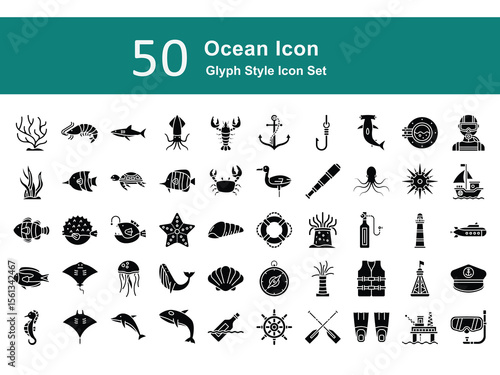 Marine Glyph Icons – Sea Animals, Boats, Diving, and Nautical Elements. Ocean Illustration Set