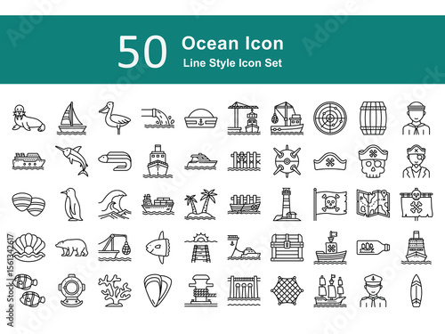 Marine Line Icons – Sea Animals, Boats, Diving, and Nautical Elements. Ocean Illustration Set