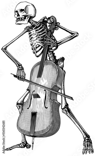 Black and white vector illustration of a skeleton playing a cello
