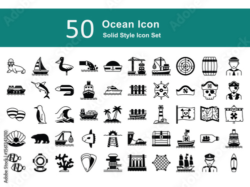 Marine Solid Icons – Sea Animals, Boats, Diving, and Nautical Elements. Ocean Illustration Set