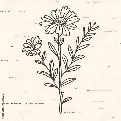 Elegant botanical illustration of a stylized flower with delicate line work on textured background