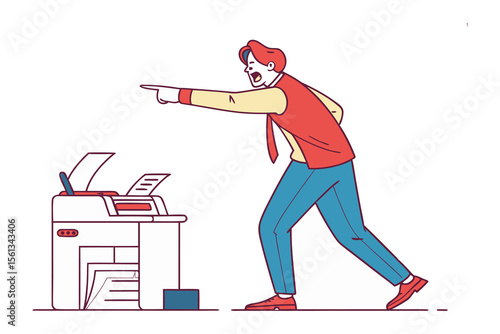 Frustrated Office Worker: A frustrated office worker yells at a malfunctioning printer, papers scattered around.  The illustration captures the stress of office life.