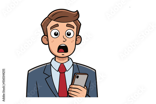 Shocked Businessman: A cartoon illustration of a surprised businessman looking at his smartphone with a shocked expression.