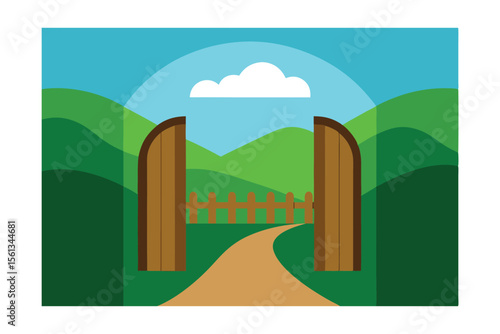 Open Wooden Gate Leading to Serene Green Hills and a Peaceful Path