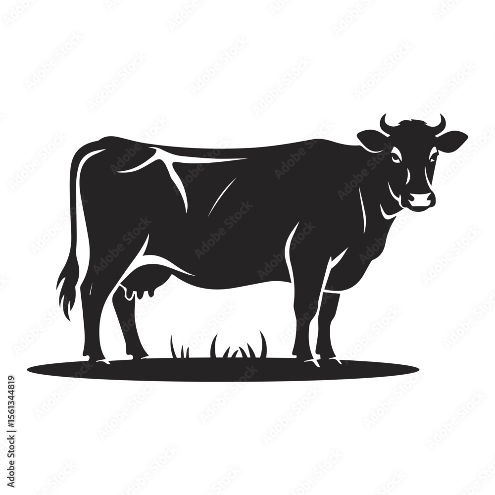 Fototapeta premium A Silhouette of a Dairy Cow Standing on a Small Patch of Grass in a Black and White Vector Drawing, ai generated