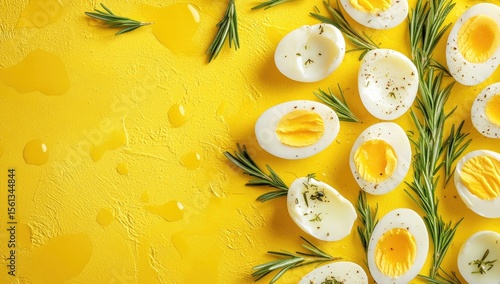 Halved hard-boiled eggs, rosemary sprigs, yellow background