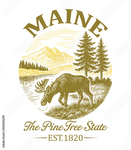 Maine The Pine Tree State - Us States Cityscape T-shirt Vector, American State Cityscape Illustration, Vintage State Cityscape Shirt, States Landmark Quotes Typography