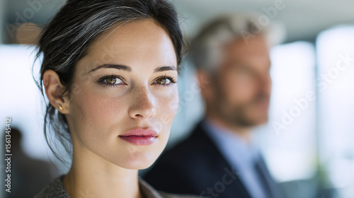 Wallpaper Mural Two professionals sharing a warm smile in the office, embodying teamwork and positive collaboration. Torontodigital.ca