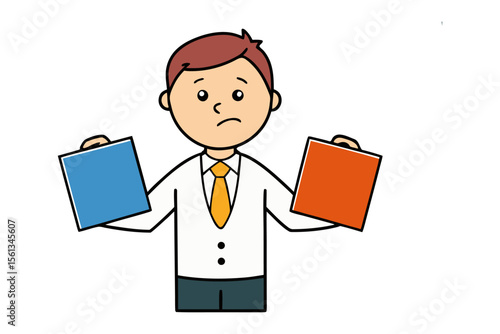 Dilemma Decisions: A person is confronted with a difficult choice between two options, and his face express an uncertainty. A visual metaphor for the burden of weighing possibilities.