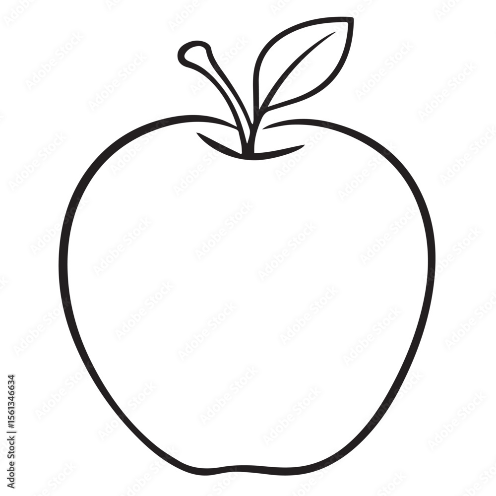 Simple black outline drawing of a fresh apple with a stem and leaf on a clean white background Simple black outline drawing of a fresh apple with a stem and leaf on a clean white background