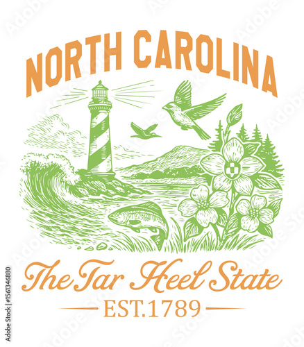 North Carolina The Tar Heel State - Us States Cityscape T-shirt Vector, American State Cityscape Illustration, Vintage State Cityscape Shirt, States Landmark Quotes Typography