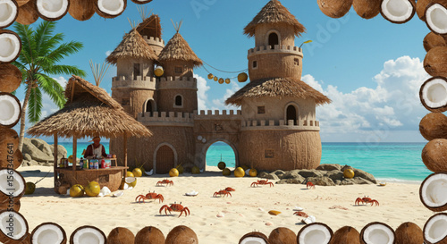 Tropical Coconut Castle Beach Scene Fantasy Island Illustration