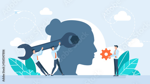 Silhouette of a woman head with a wrench tool and nut. Change mindset, entrepreneur holding a wrench to modify gear cogs on a human head as a metaphor for mindset. Vector illustration