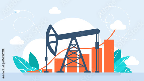 Oil rig on the background of graphs and charts. Price increase. Pumpjack on oil price chart, financial data. Land crude oil drilling rig, derrick, pump jack. Price per barrel. Vector illustration