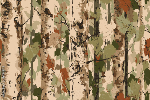 A seamless pattern of camouflage with brown, beige, and green colors.Real Tree Camouflage for hunting shirt. Forest real tree hunting camouflage seamless pattern design for military and hunting.