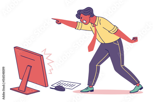 Digital Anger: A cartoon depicts a man overwhelmed by technology, as he expresses frustration with a computer, epitomizing technological difficulties.