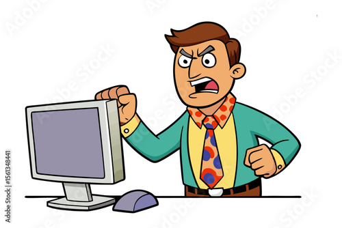 Angry Computer User: An animated depiction of a frustrated individual at a computer, with a red face showing anger and frustration.