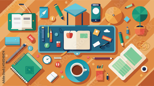 Cute Classroom Illustration: Overhead view of creative desk with school sup