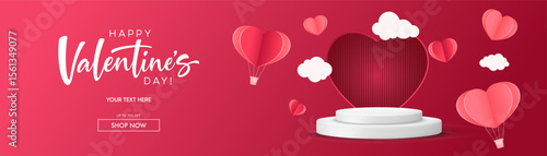 Realistic red 3D cylindrical podium with heart shaped background for valentine's day banner. Valentine's day minimal scene for products showcase, Promotional display. Vector room platforms.