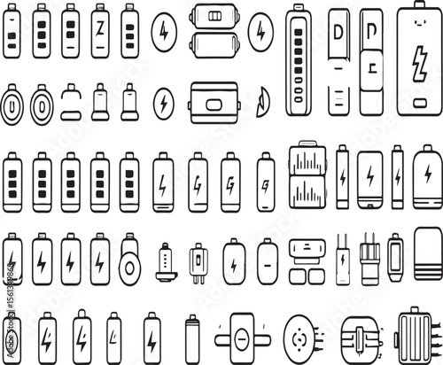 A collection of battery icons in black and white showing different levels and charging styles