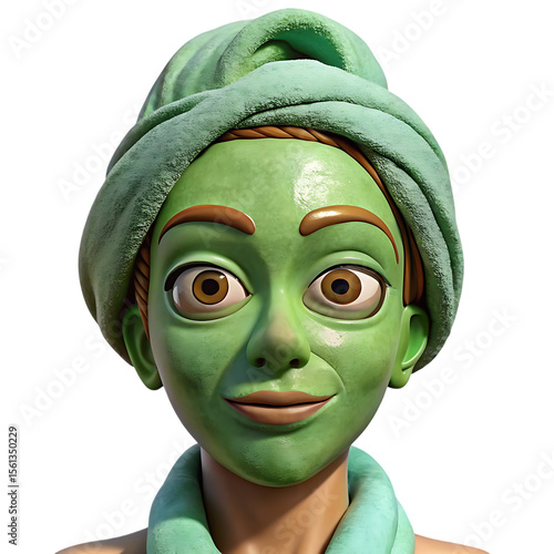 Womans face with green clay beauty mask and towel wrapped
