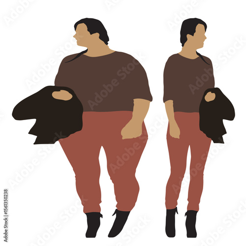 Conceptual fat overweight obese female vs slim fit healthy body after weight loss or diet on white background. A  fitness, nutrition or obesity, health shape illustration vector as silhouettes