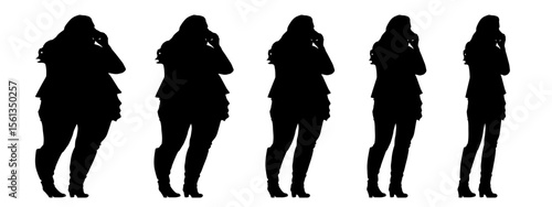 Conceptual fat overweight obese female vs slim fit healthy body after weight loss or diet on white background banner. A  fitness, nutrition or obesity, health shape illustration vector as silhouettes
