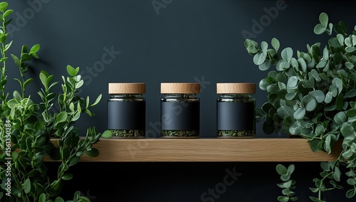 Three black-labeled jars on a wooden shelf, flanked by greenery, against a dark background