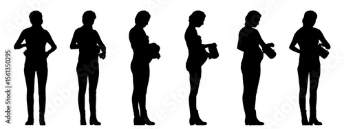 Vector concept conceptual black silhouette of a pregnant woman pouring water into a cup from different perspectives isolated on white background. A metaphor for relaxation, care, leisure and motherhoo