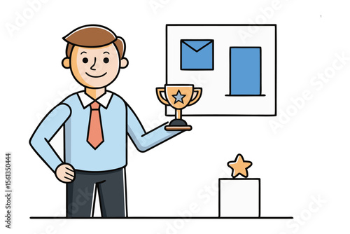 The Victor's Emblem: Illustration of a person with the golden trophy. The illustration features a victorious man, clutching a golden trophy against a backdrop of an achievement visual.