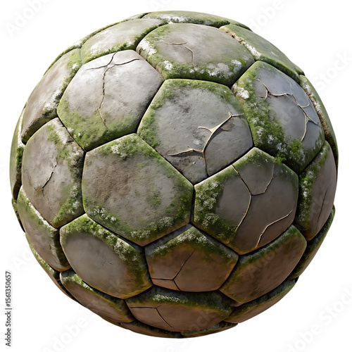 Worn out soccer ball with grass stains and texture detail