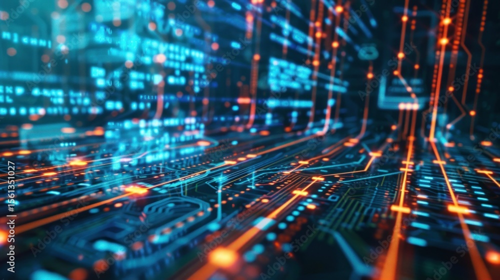 Futuristic tech background with circuit board patterns and data flow Futuristic tech background with circuit board patterns and data flow