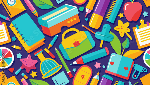Modern School Supplies Vector: Set of colorful school supplies in a seamless