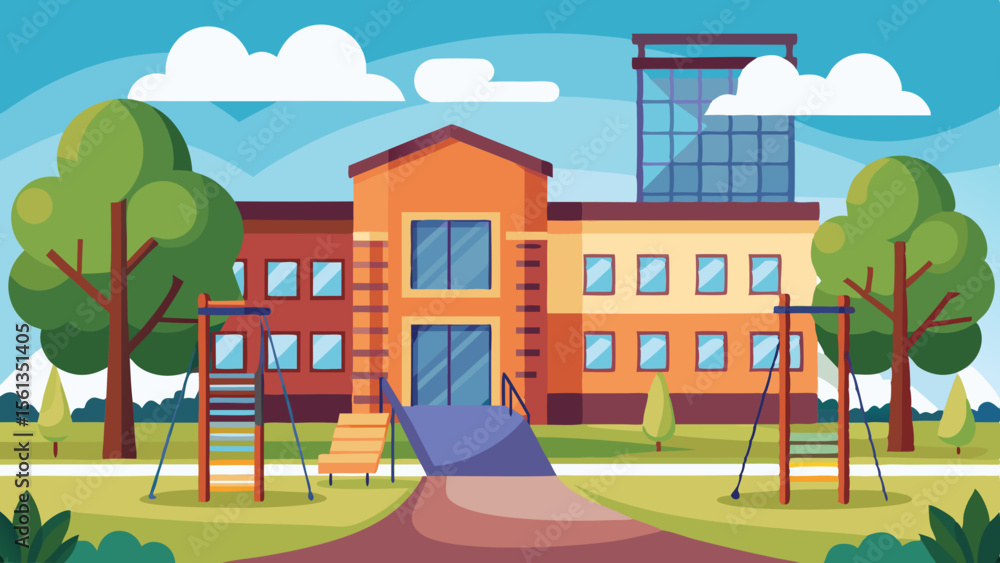 Fototapeta premium Colorful Learning Elements: School building exterior with playground and
