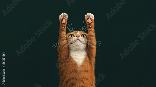 Playful orange tabby cat stretches upward with its paws raised against dark background, showcasing its cute pink paw pads. cat expression is curious and lively
