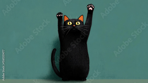 Playful black cat with bright yellow eyes stands on its hind legs against teal background, raising its front paws in cute and curious manner
