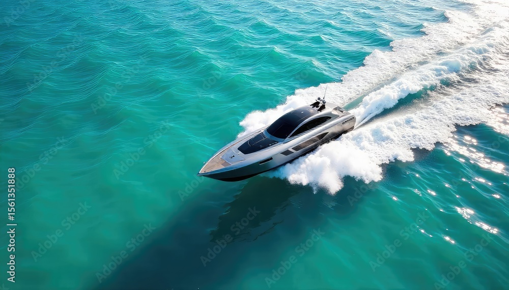 Naklejka premium Hydrofoil gliding across turquoise ocean, sunlight sparkling on sleek hull, tranquil aquatic vacation scene. Effortless speed and grace, perfect summer escape.