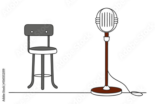Podcast or Standup Scene with Microphone and Stool Minimal Drawing