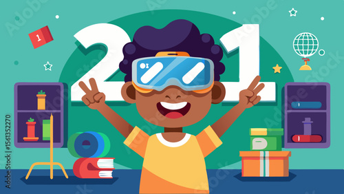Happy Kids School Scene: Happy child using vr headset in a classroom