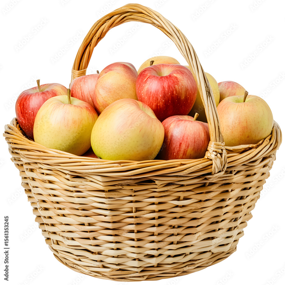 A full woven basket overflowing with fresh red and yellow apples isolated on transparent background A full woven basket overflowing with fresh red and yellow apples isolated on transparent background