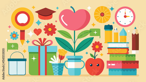Happy Kids School Scene: Teachers  day appreciation elements  flowers