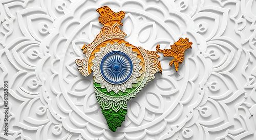 Artistic representation of India's map, adorned with the colors of the Indian flag, set against a decorative background.