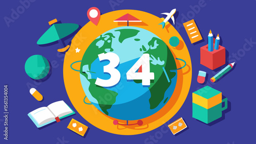 Colorful Learning Elements: Globe with school items orbiting around in a