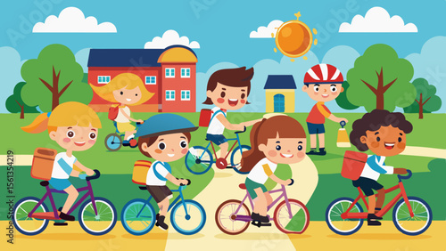 Fun School Activities Art: Kids riding bicycles to school in a safe  che