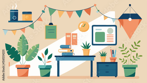 Fresh School Vector Design: Classroom decor elements  bunting flags  plan